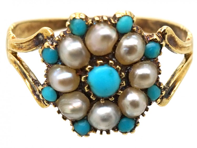 Georgian 15ct Gold, Turquoise ​& Natural Split Pearl Cluster Ring
