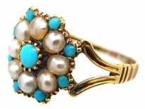 Georgian 15ct Gold, Turquoise ​& Natural Split Pearl Cluster Ring