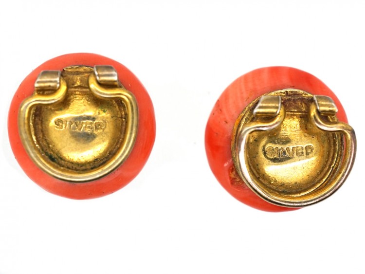 Edwardian Silver Gilt & Natural Coral Bouton Earrings