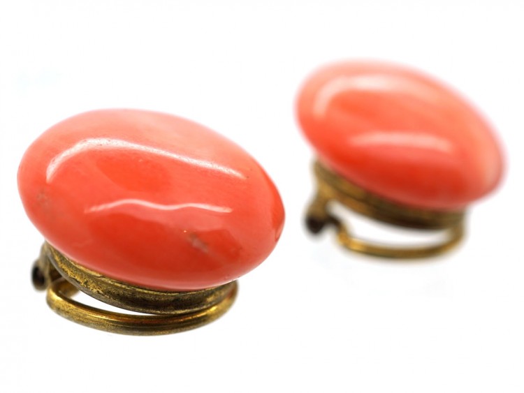 Edwardian Silver Gilt & Natural Coral Bouton Earrings
