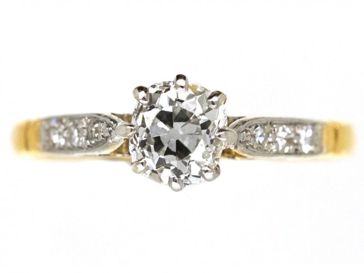 Art Deco Diamond Solitaire Ring With Diamond Set Shoulders