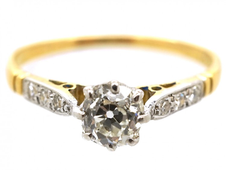Art Deco Diamond Solitaire Ring With Diamond Set Shoulders