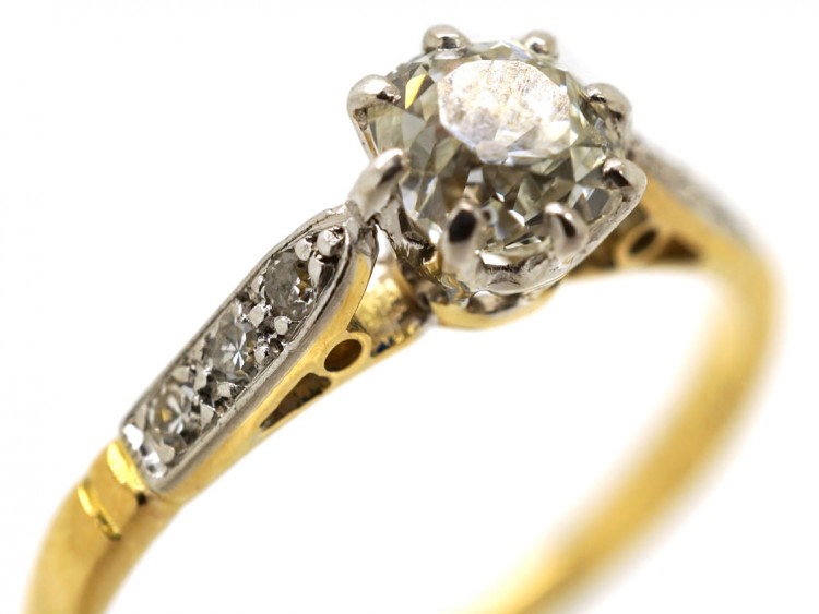 Art Deco Diamond Solitaire Ring With Diamond Set Shoulders