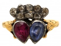 Georgian Ruby & Sapphire Double Heart Ring With Diamond Set Crown Top