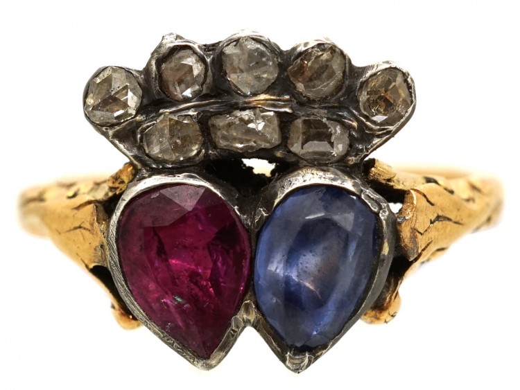 Georgian Ruby & Sapphire Double Heart Ring With Diamond Set Crown Top