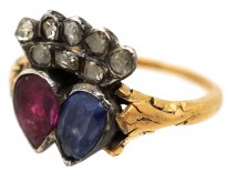 Georgian Ruby & Sapphire Double Heart Ring With Diamond Set Crown Top