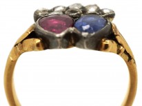 Georgian Ruby & Sapphire Double Heart Ring With Diamond Set Crown Top