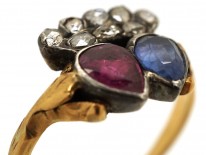 Georgian Ruby & Sapphire Double Heart Ring With Diamond Set Crown Top