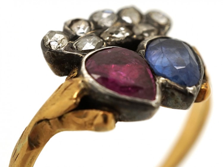 Georgian Ruby & Sapphire Double Heart Ring With Diamond Set Crown Top