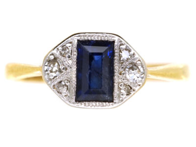 Art Deco 18ct Gold & Platinum Rectangular Sapphire & Diamond Ring
