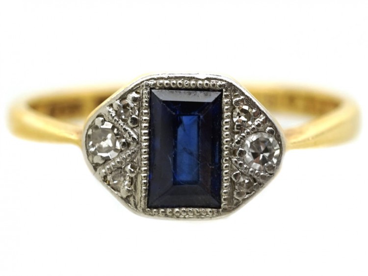 Art Deco 18ct Gold & Platinum Rectangular Sapphire & Diamond Ring