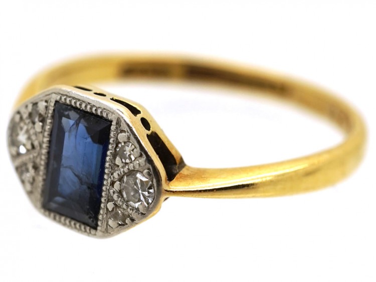 Art Deco 18ct Gold & Platinum Rectangular Sapphire & Diamond Ring