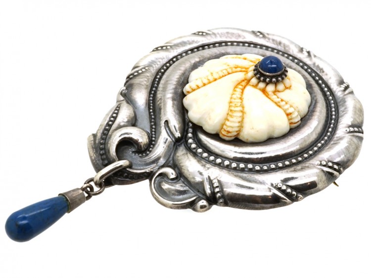 Silver, Ivory & Lapis Lazuli Art Deco Brooch by Meyer