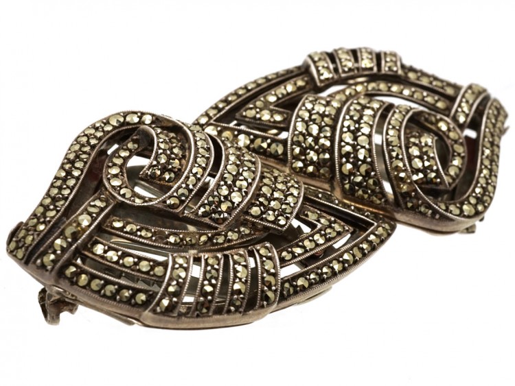 Art Deco Silver & Marcasite Double Clip Brooch