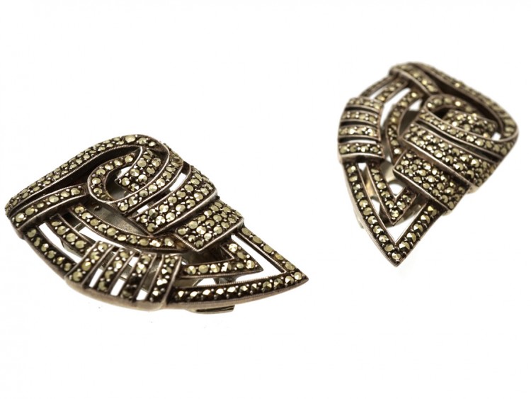 Art Deco Silver & Marcasite Double Clip Brooch