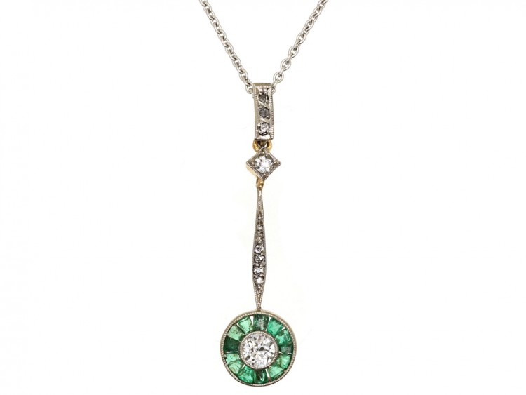 Art Deco Emerald & Diamond Target Pendant on Chain
