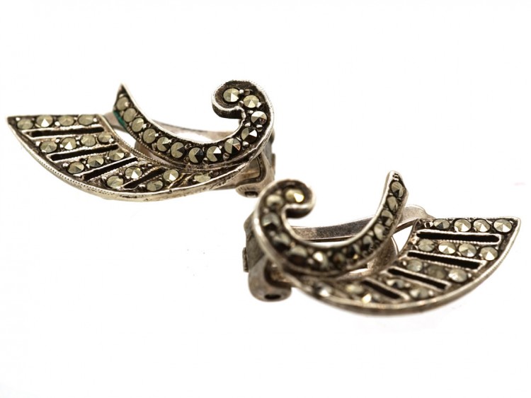 Art Deco Silver Clip On Wing Earrings