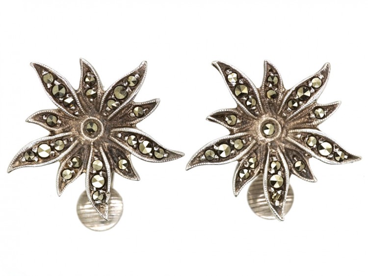 Silver & Marcasite Flower Clip On Earrings