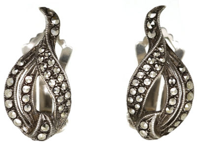 Art Deco Silver ​& Marcasite Cross Over Clip On Earrings