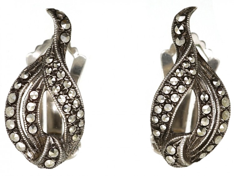 Art Deco Silver ​& Marcasite Cross Over Clip On Earrings