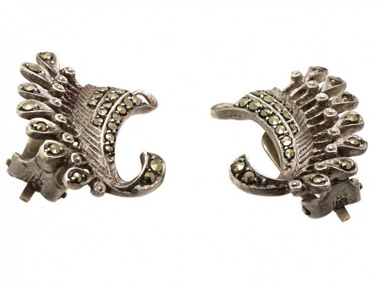 Art Deco Silver & Marcasite Clip On Wing Earrings