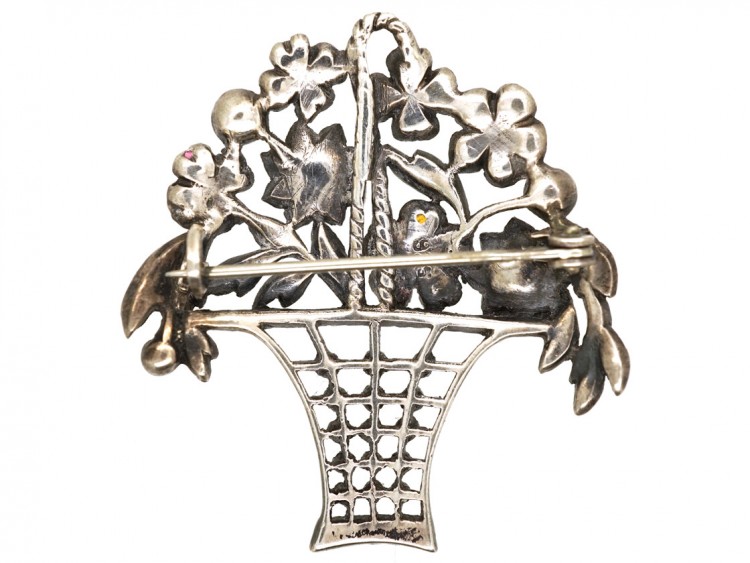 Edwardian Silver, Marcasite ​& Coloured Paste Flower Basket Brooch