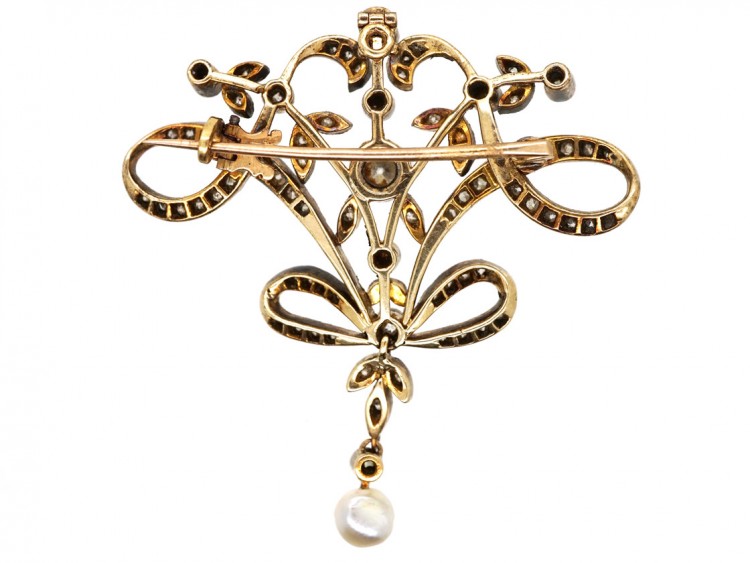 Art Nouveau Silver & 15ct Gold, Diamond & Natural Pearl Brooch & Pendant