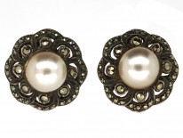 Silver, Paste Pearl & Marcasite Round Earrings