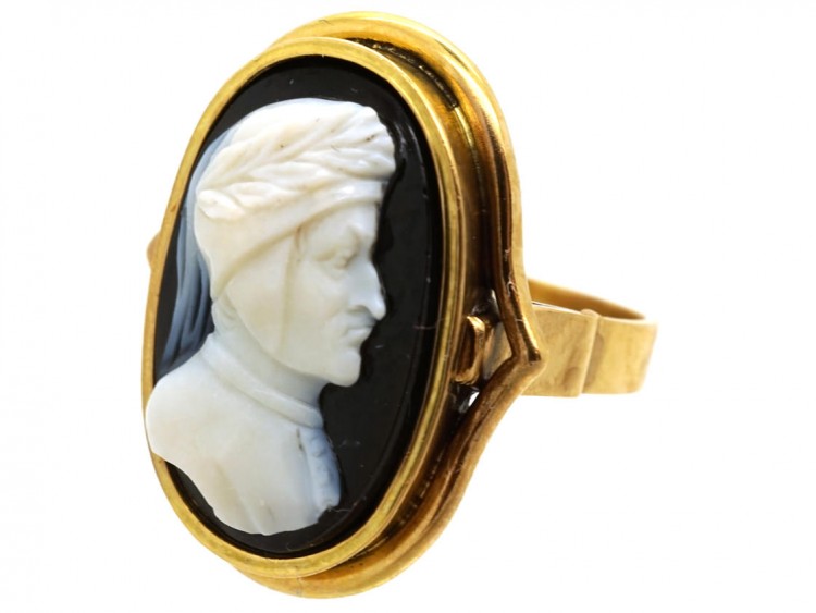 Victorian 18ct Gold Portrait Ring of Dante Carved in Sardonyx
