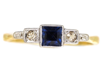 Art Deco Diamond & Square Cut Sapphire Ring