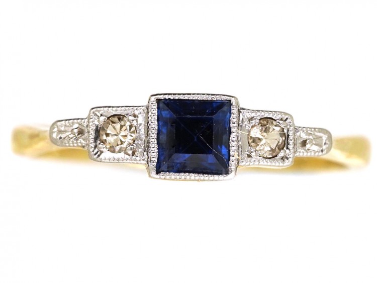 Art Deco Diamond & Square Cut Sapphire Ring