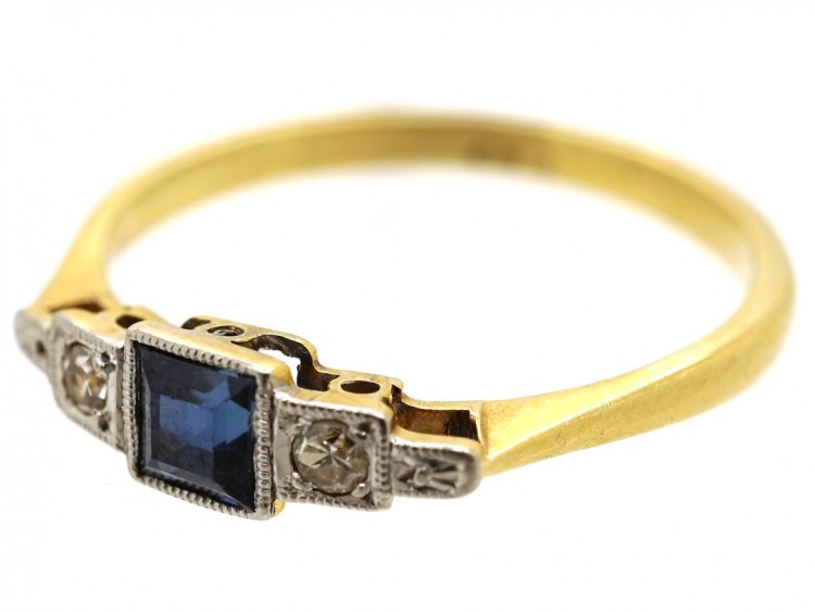 Art Deco Diamond & Square Cut Sapphire Ring