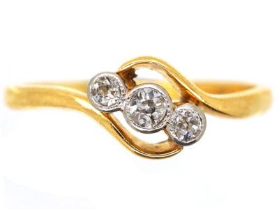 Edwardian 18ct Gold , Platinum & Diamond Three Stone Crossover RIng