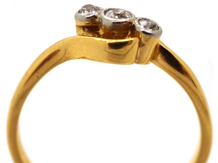 Edwardian 18ct Gold , Platinum & Diamond Three Stone Crossover RIng