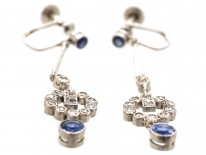 Art Deco Diamond & Sapphire Drop Earrings in Original Case
