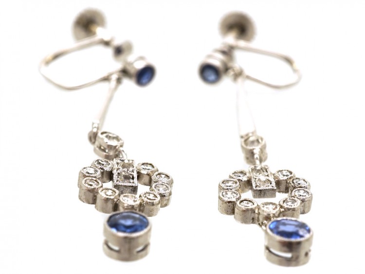 Art Deco Diamond & Sapphire Drop Earrings in Original Case