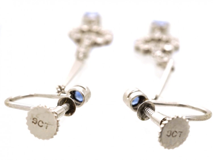 Art Deco Diamond & Sapphire Drop Earrings in Original Case