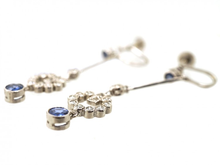 Art Deco Diamond & Sapphire Drop Earrings in Original Case