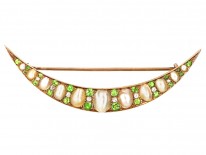 Edwardian Diamond Green Garnet & Pearl Crescent Brooch