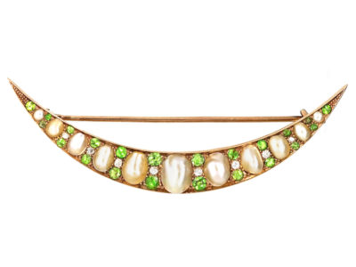 Edwardian Diamond Green Garnet & Pearl Crescent Brooch