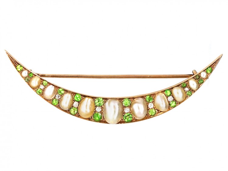 Edwardian Diamond Green Garnet & Pearl Crescent Brooch