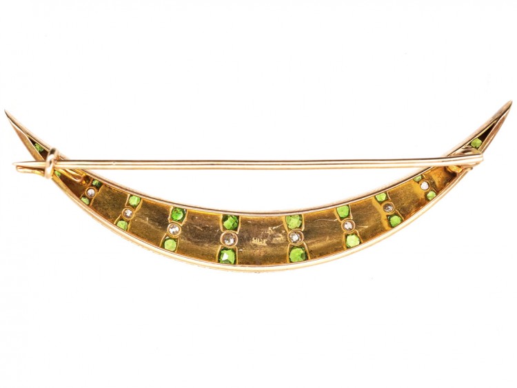 Edwardian Diamond Green Garnet & Pearl Crescent Brooch