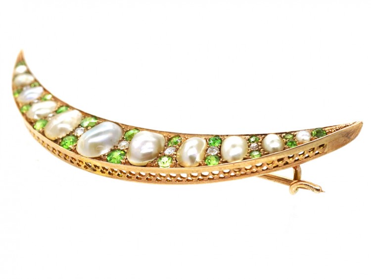 Edwardian Diamond Green Garnet & Pearl Crescent Brooch