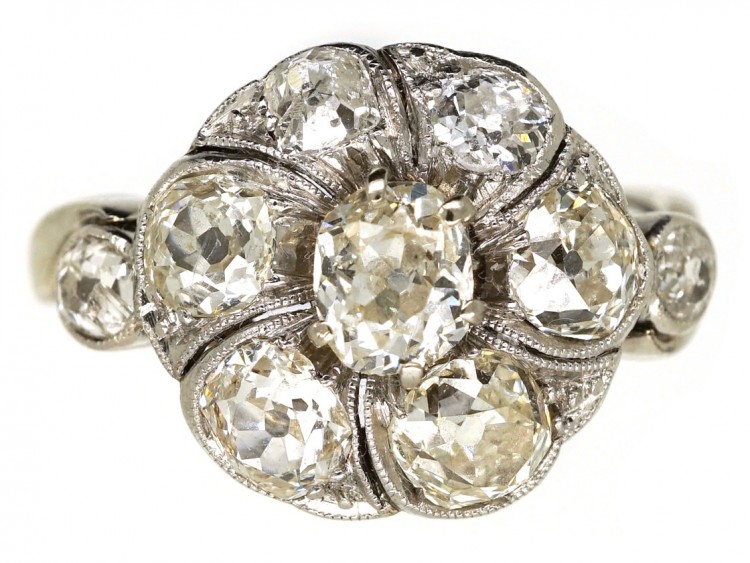 French Platinum & Diamond Swirly Cluster Ring