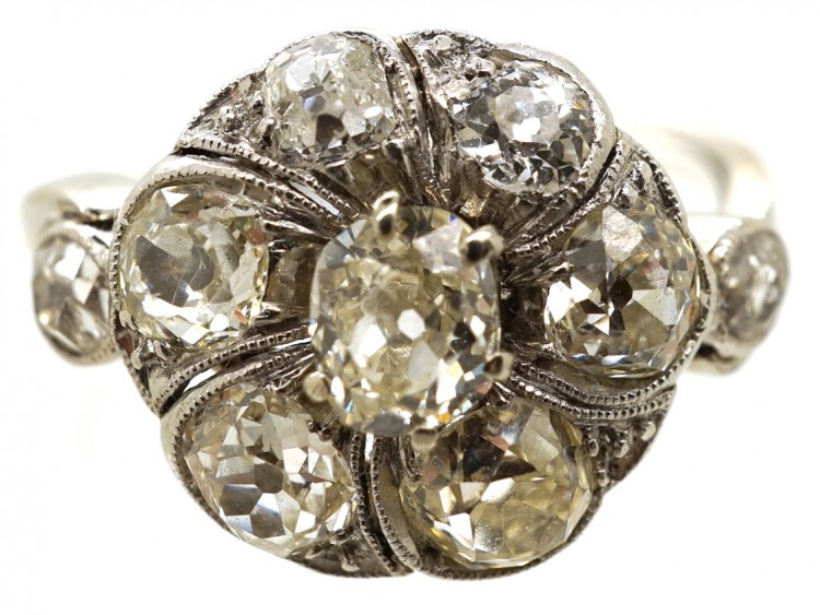 French Platinum & Diamond Swirly Cluster Ring