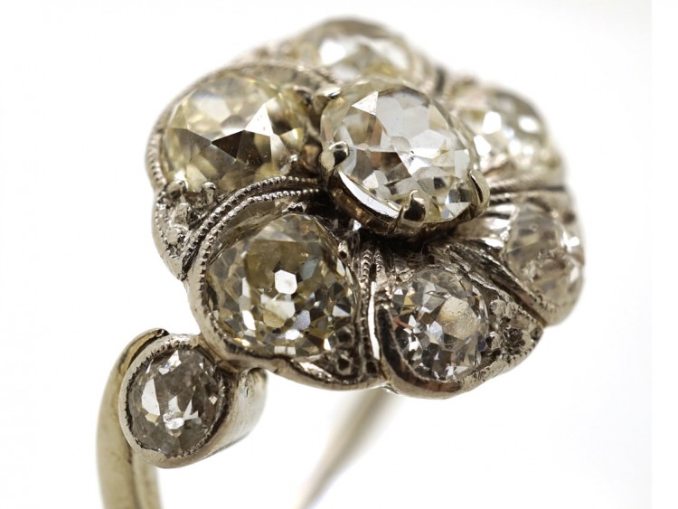 French Platinum & Diamond Swirly Cluster Ring