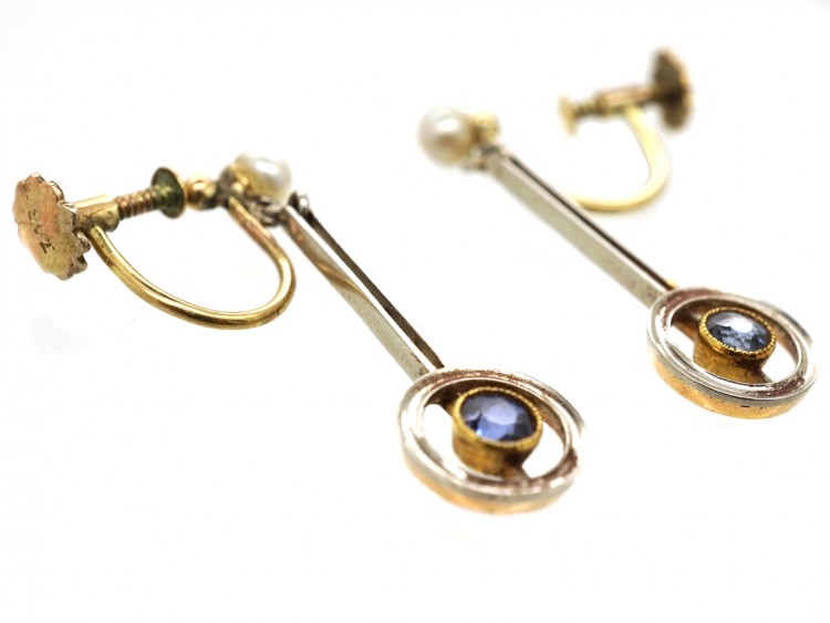 Art Deco Sapphire ​& Pearl Drop Earrings