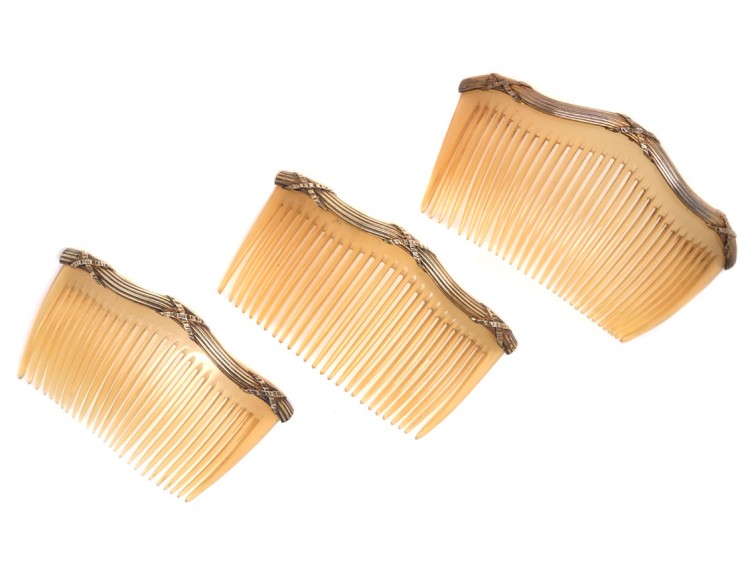 Edwardian Set of Three Silver Gilt & Horn Combs in Original Case
