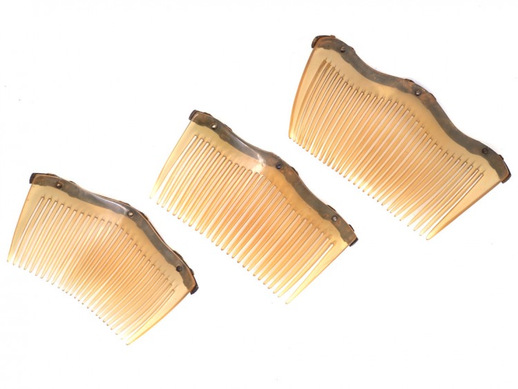 Edwardian Set of Three Silver Gilt & Horn Combs in Original Case