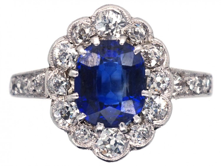 Sapphire & Diamond Oval Cluster Ring With Diamond Shoulders
